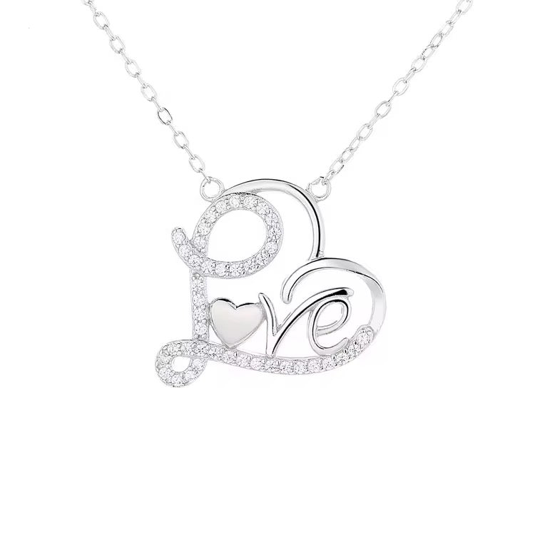 Love heart script necklace 925 sterling silver with zircon romantic pendant elegant jewelry gift for her