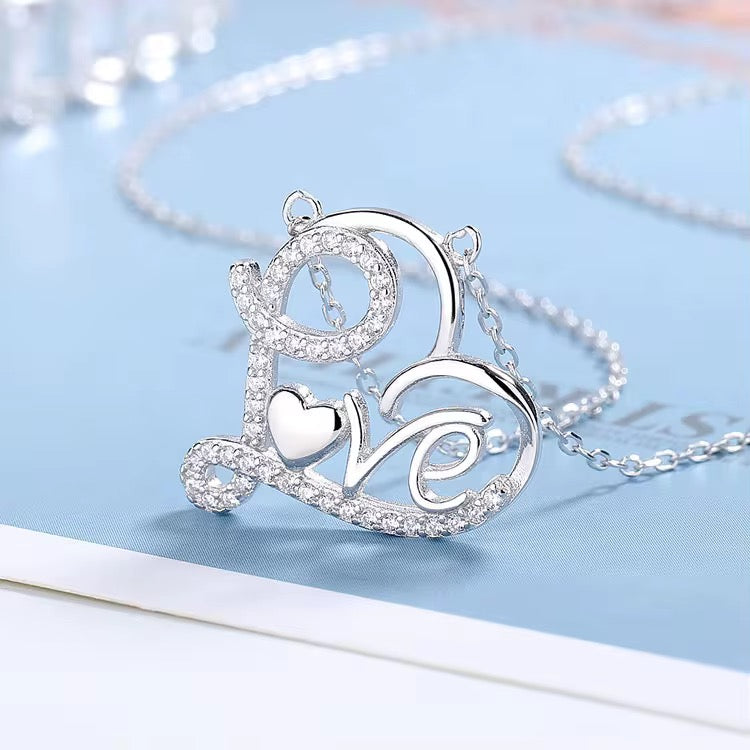 Love heart script necklace 925 sterling silver with zircon romantic pendant elegant jewelry gift for her