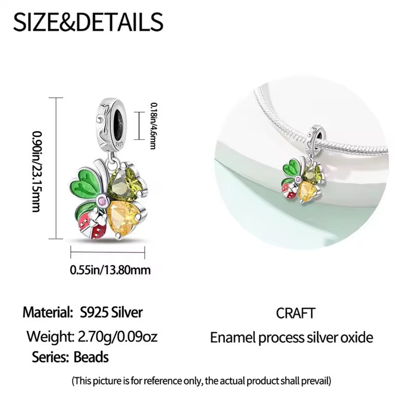 Colorful charm with measurements and details on a white background