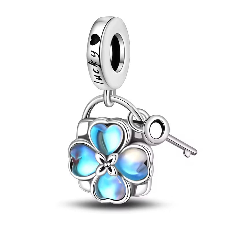 Blue flower lock and key best friends dangle charm bracelet bead friendship jewelry gift