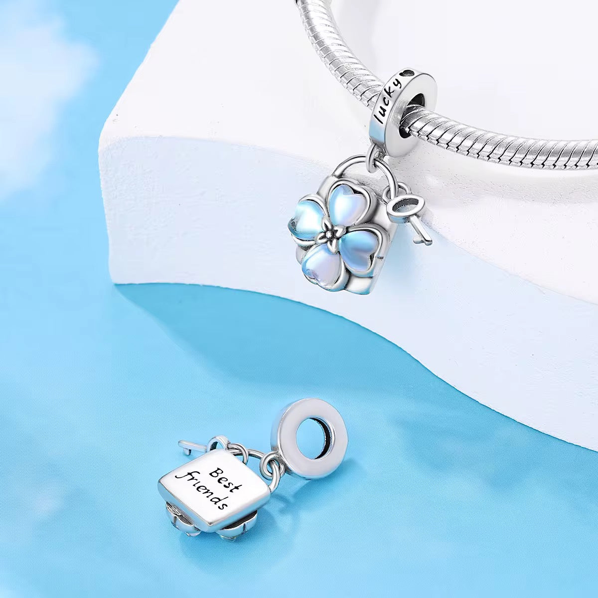 Blue flower lock and key best friends dangle charm bracelet bead friendship jewelry gift
