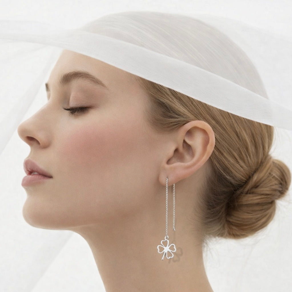 Lucky clover chain drop earrings delicate threader earrings minimal four leaf charm jewelry