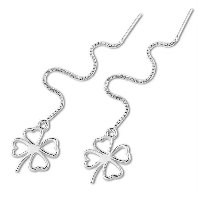 Lucky clover chain drop earrings delicate threader earrings minimal four leaf charm jewelry