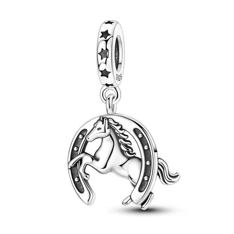 Lucky horseshoe and horse charm 925 sterling silver dangle bead symbolic jewelry for bracelet gift for horse lovers