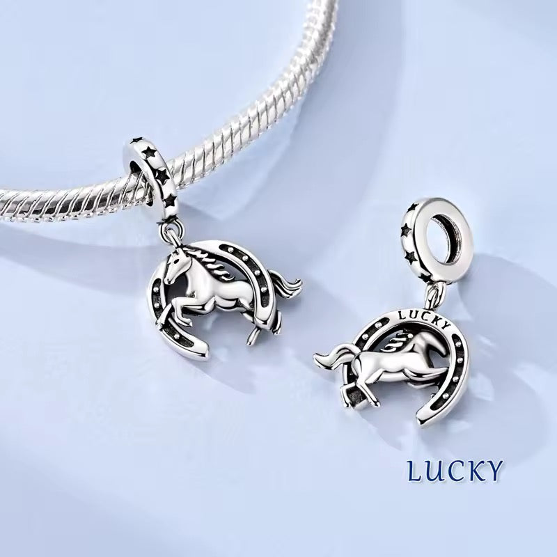 Lucky horseshoe and horse charm 925 sterling silver dangle bead symbolic jewelry for bracelet gift for horse lovers
