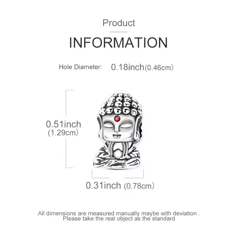 Buddha charm with dimensions on a white background