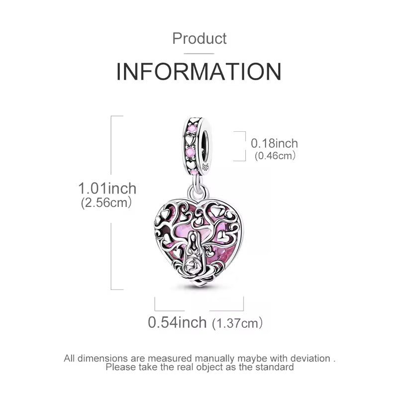 Meditation lotus woman heart charm with measurements on a white background