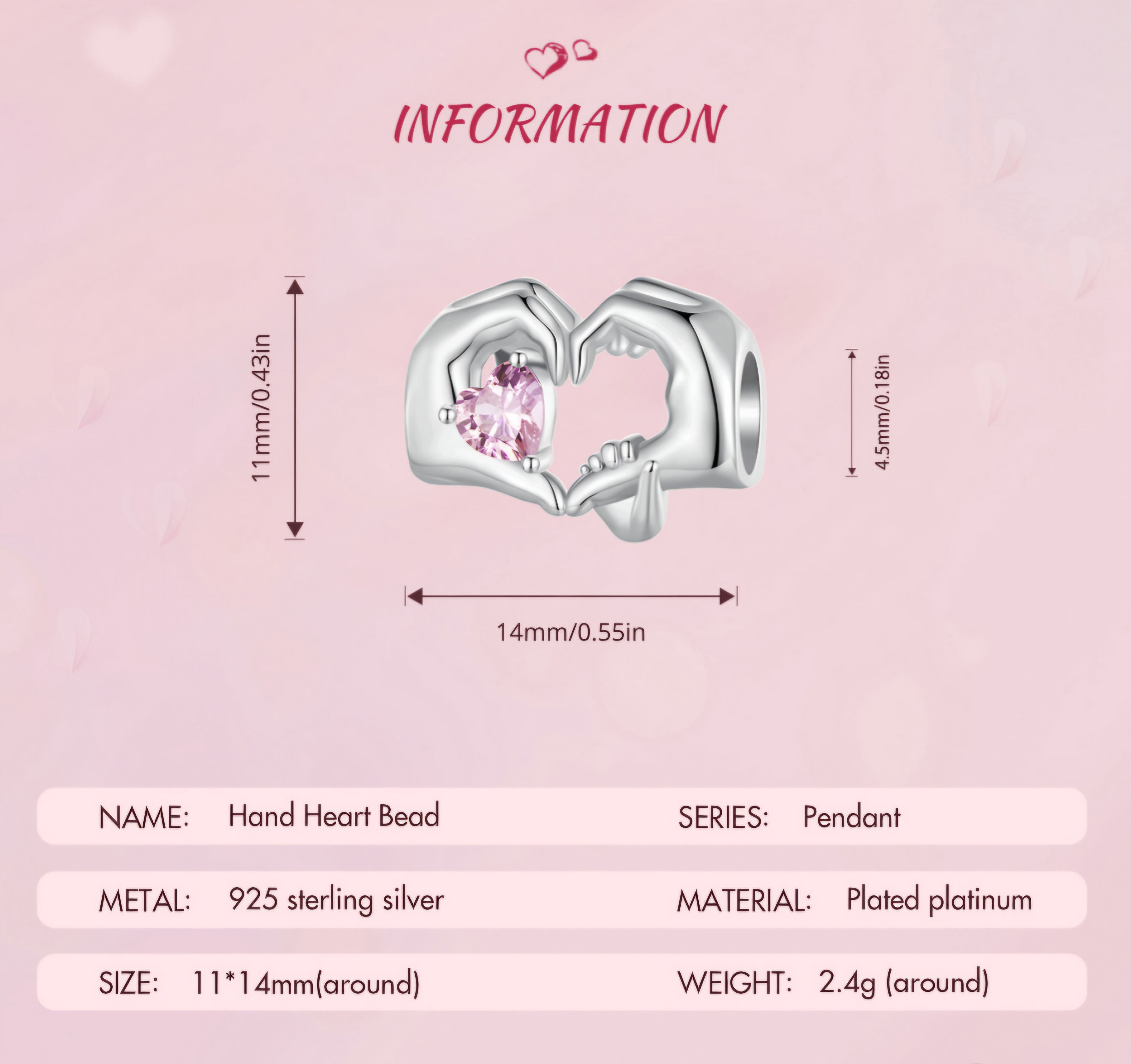 Silver charm with mother and child hands forming heart holding pink crystal bead for bracelet