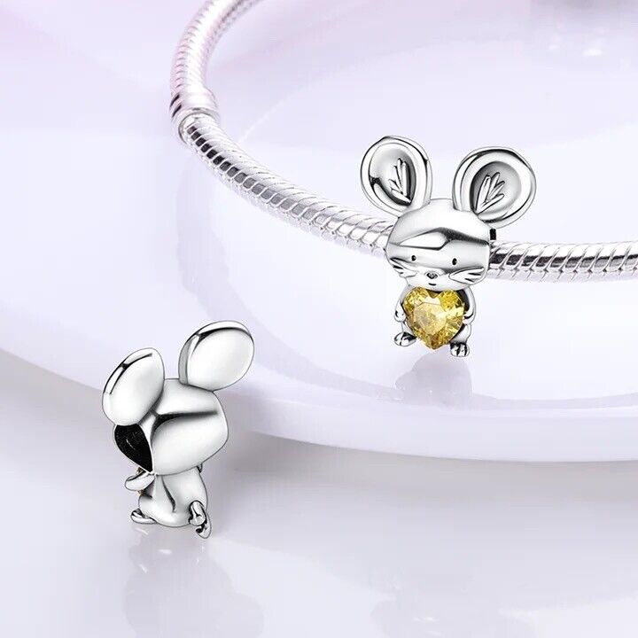 Mouse yellow zirconia heart bead charm 925 sterling silver cute animal jewelry gift accessory