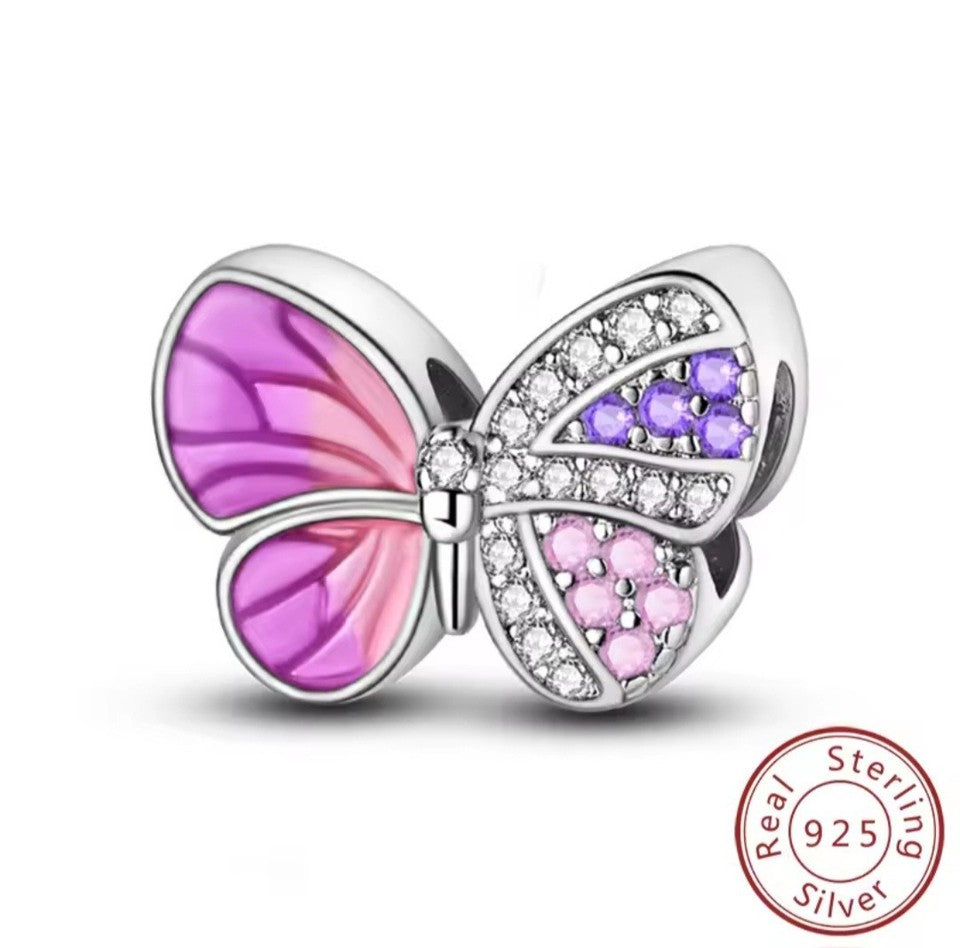 Pink Butterfly With Zircon Bead Charm