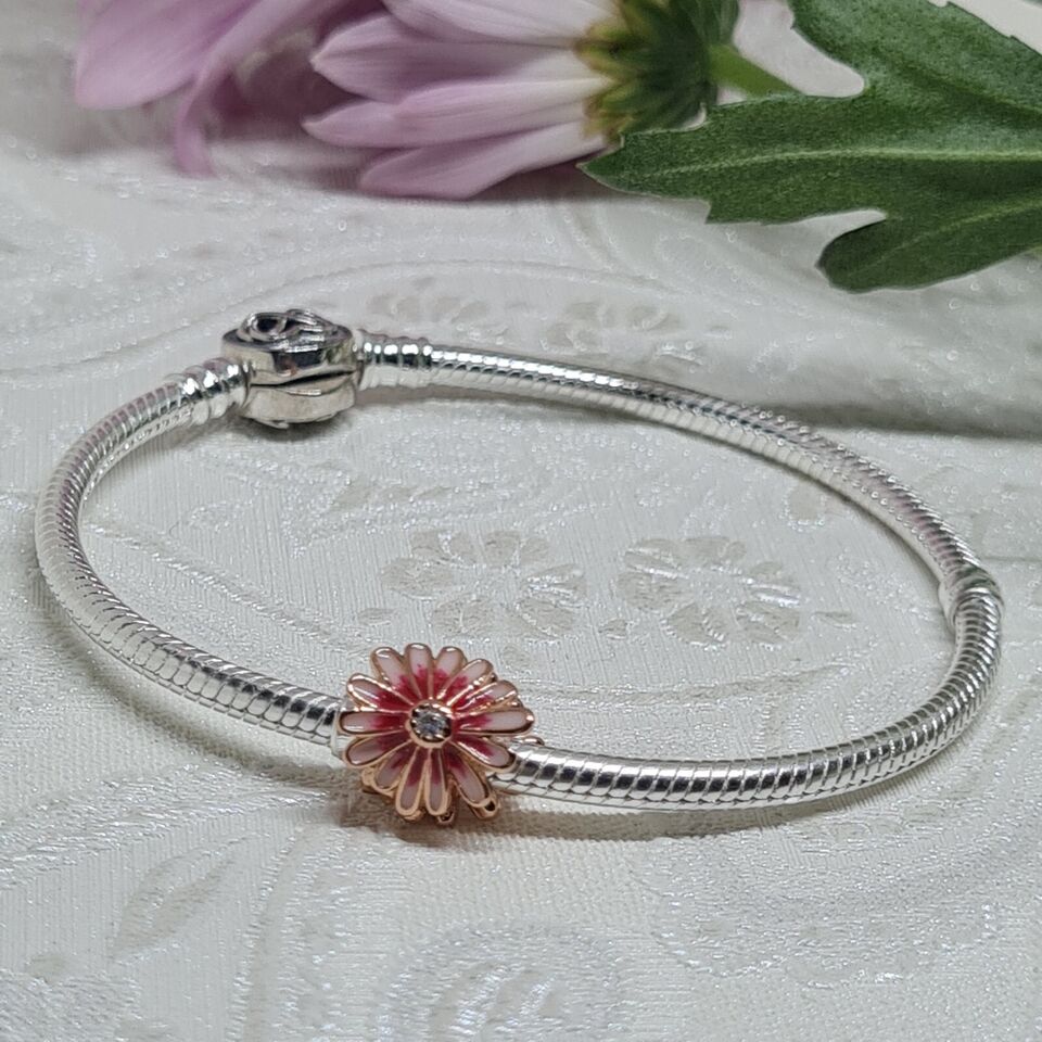 Pink daisy flower charm 925 sterling silver bead with zirconia floral jewelry feminine gift accessory