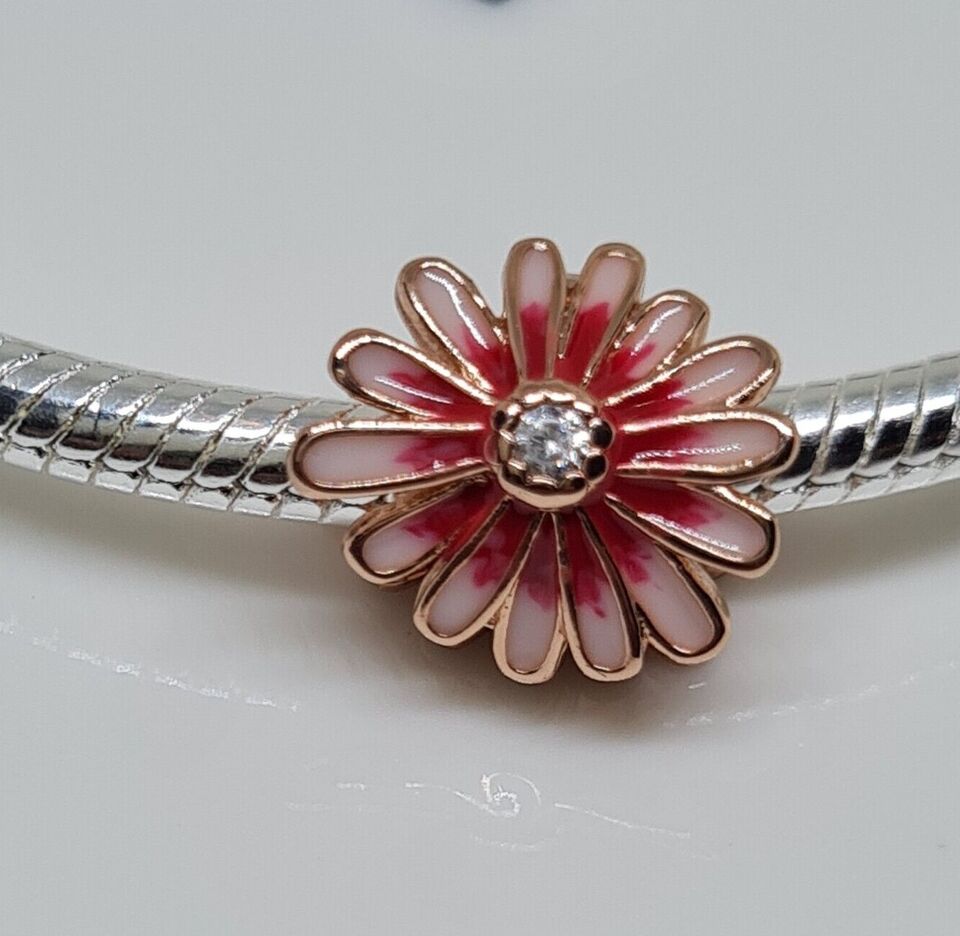 Pink daisy flower charm 925 sterling silver bead with zirconia floral jewelry feminine gift accessory
