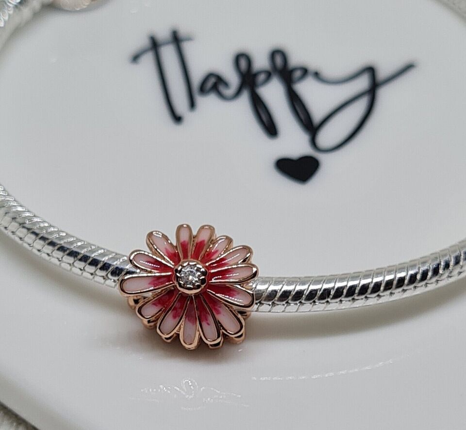 Pink daisy flower charm 925 sterling silver bead with zirconia floral jewelry feminine gift accessory