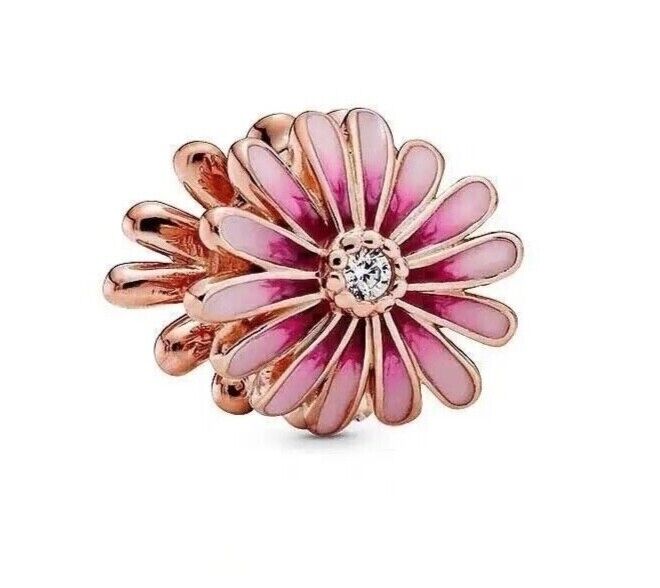 Pink daisy flower charm 925 sterling silver bead with zirconia floral jewelry feminine gift accessory