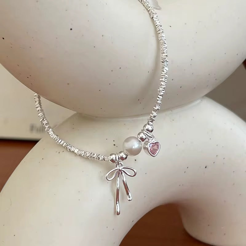 Pink heart bow bracelet 925 sterling silver with pearl and pink zircon charm feminine jewelry gift