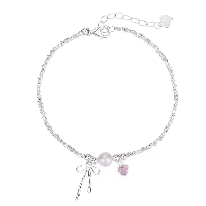 Pink heart bow bracelet 925 sterling silver with pearl and pink zircon charm feminine jewelry gift