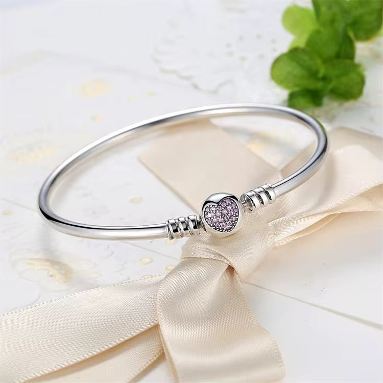 Pink sparkle charm bracelet 925 sterling silver elegant bangle jewelry minimal feminine