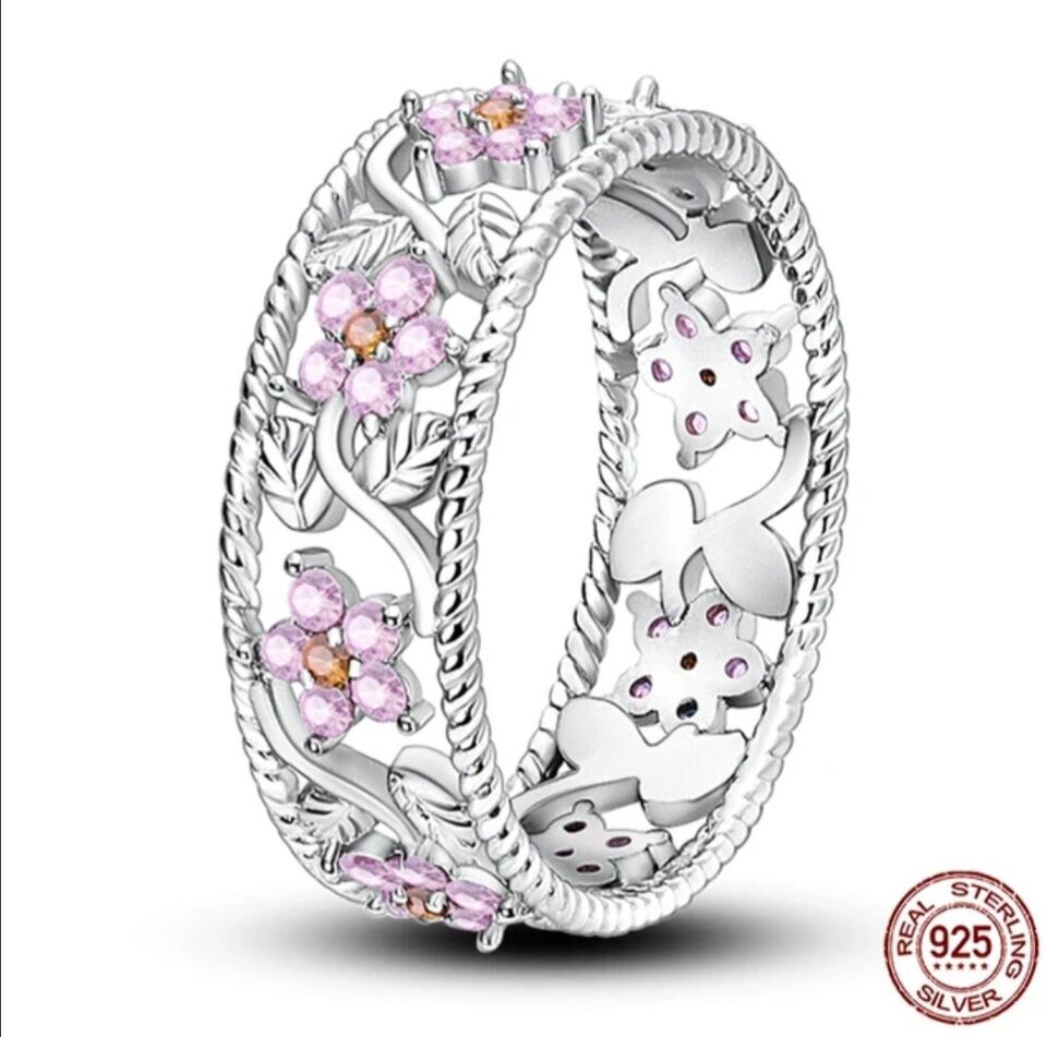 Ring With Flowers Pink Cubic Zirconia