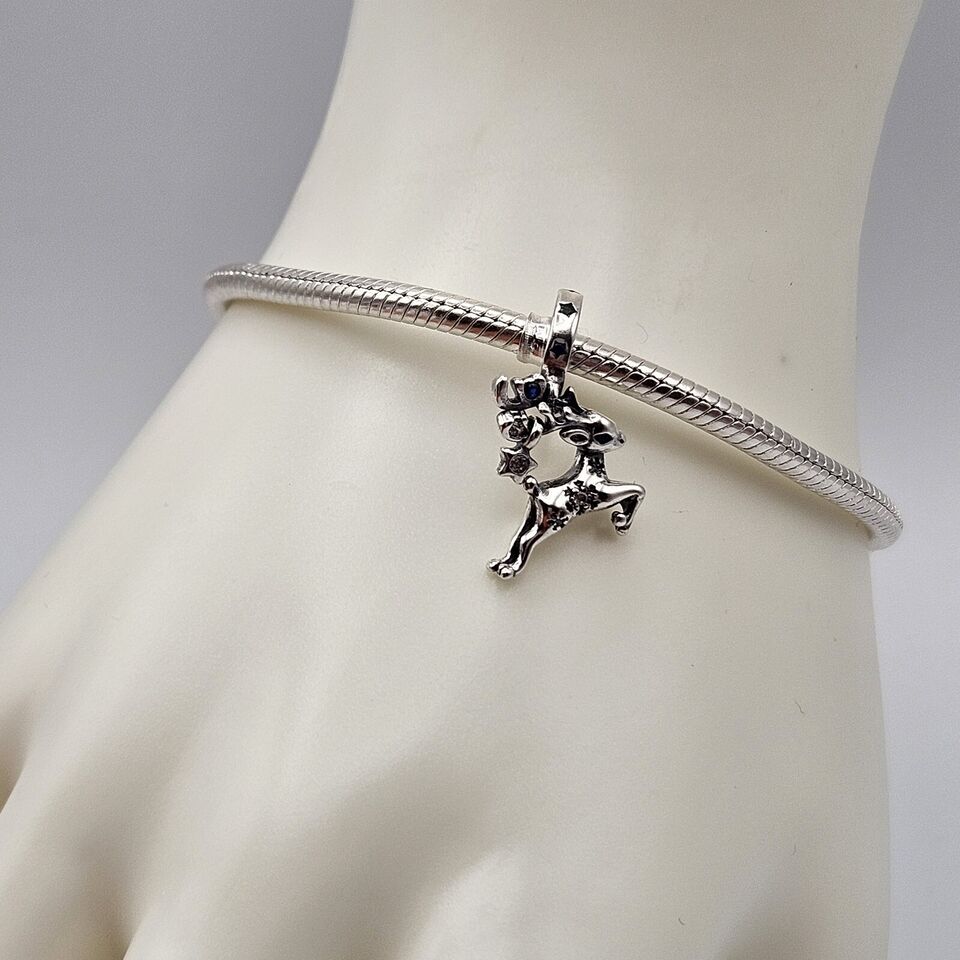 Rudolph reindeer dangle charm 925 sterling silver with zirconia festive Christmas jewelry gift