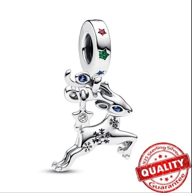 Rudolph reindeer dangle charm 925 sterling silver with zirconia festive Christmas jewelry gift