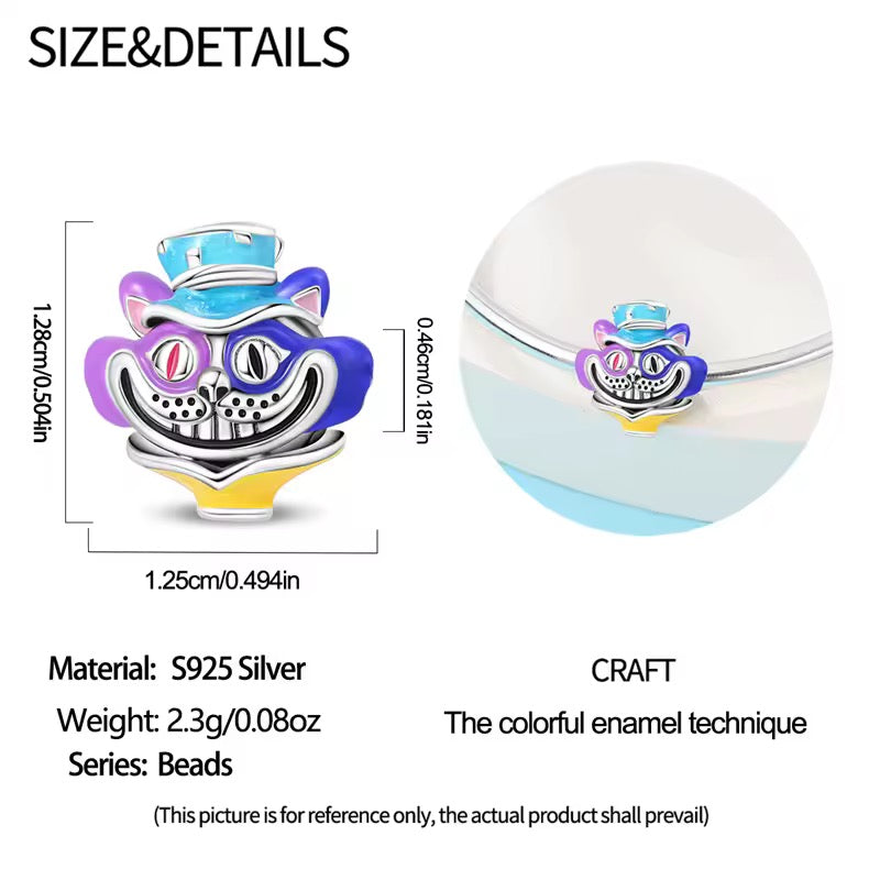 Colorful cat-shaped pendant with measurements and details on a white background