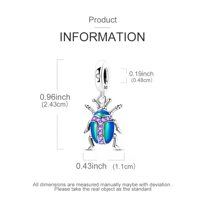 Scarab beetle dangle charm with dimensions labeled on a white background