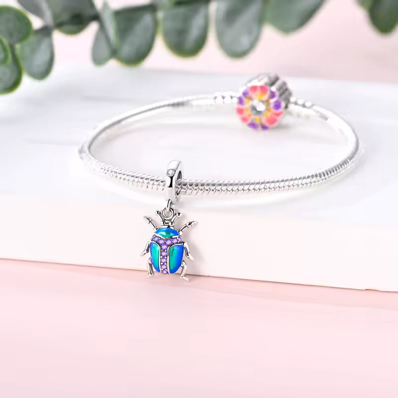 Scarab beetle dangle charm 925 sterling silver with blue green enamel and purple zirconia stones