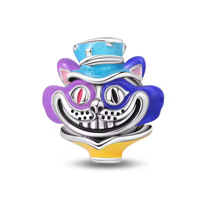 Silver grinning cat charm with purple blue and yellow enamel details and top hat