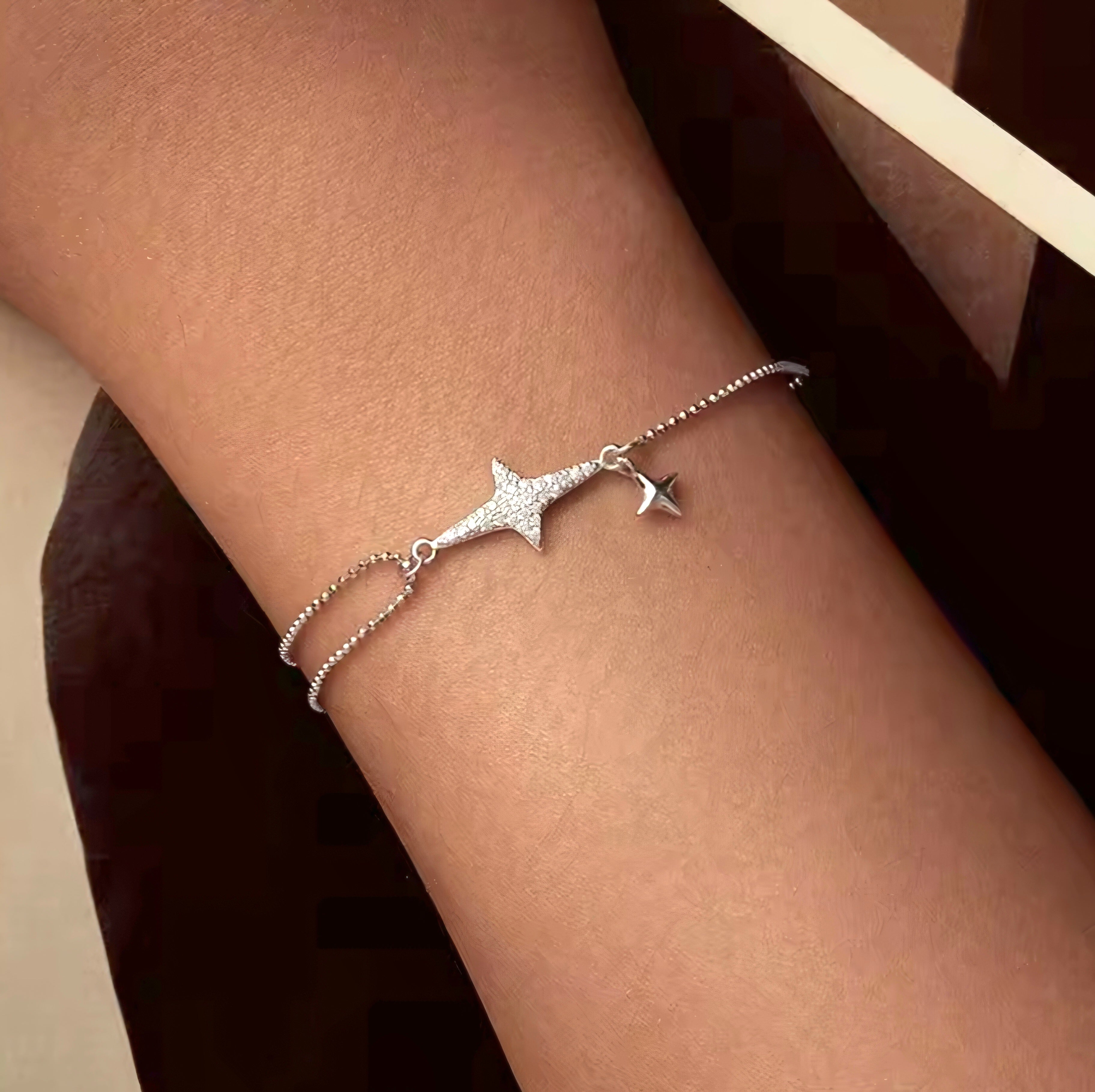 925 sterling silver double chain bracelet with sparkling star centerpiece and small dangling star charm
