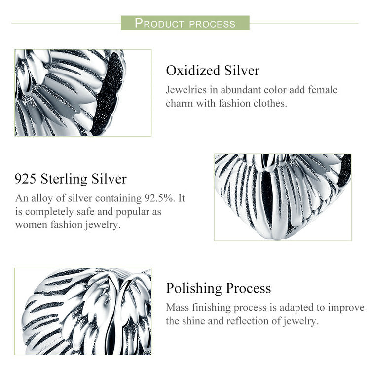 Silver angel wings heart charm bead with detailed feather design for Pandora style bracelets