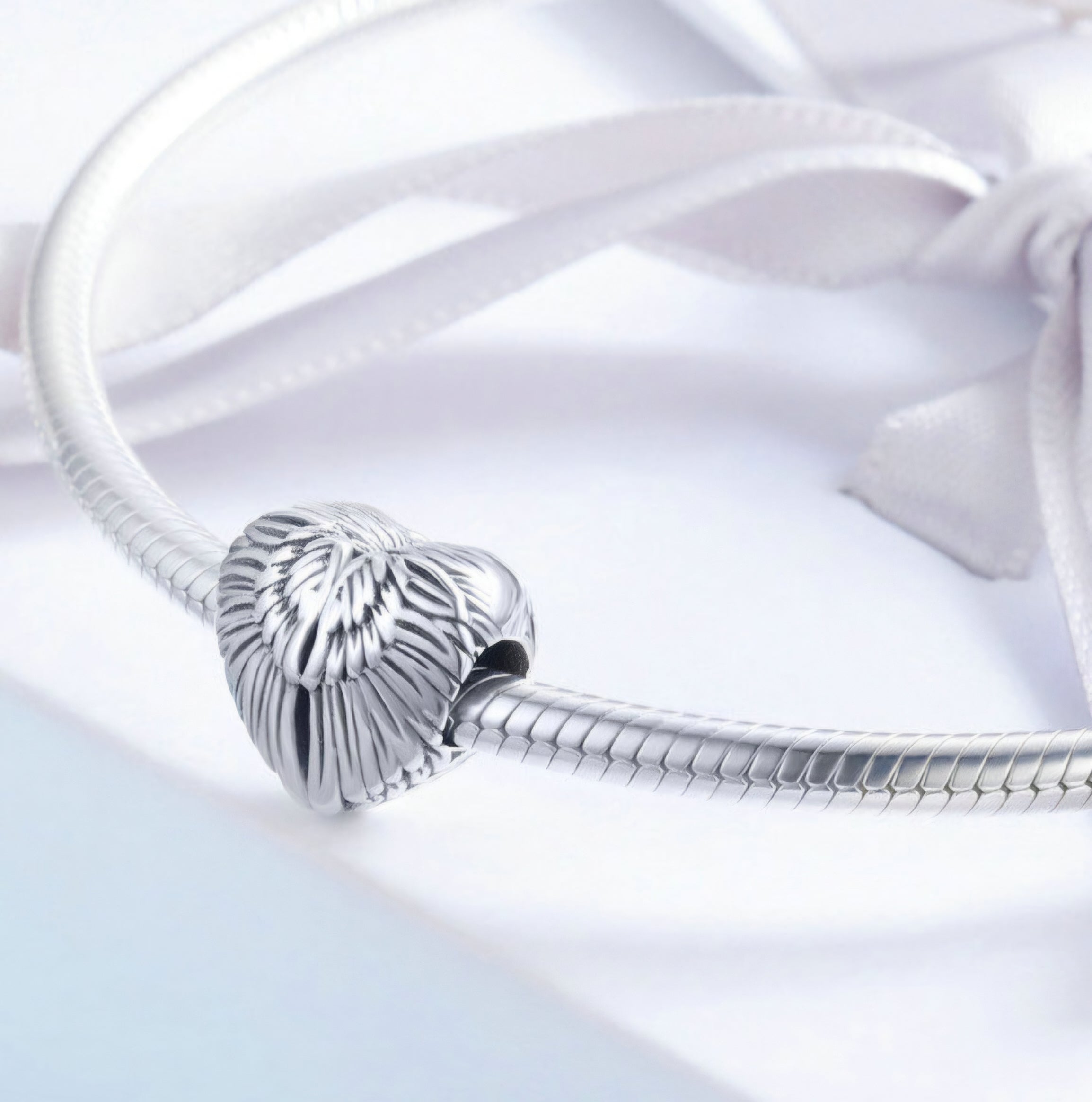 Silver angel wings heart charm bead with detailed feather design for Pandora style bracelets