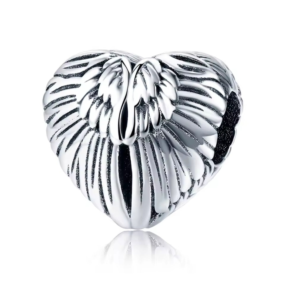 Silver angel wings heart charm bead with detailed feather design for Pandora style bracelets