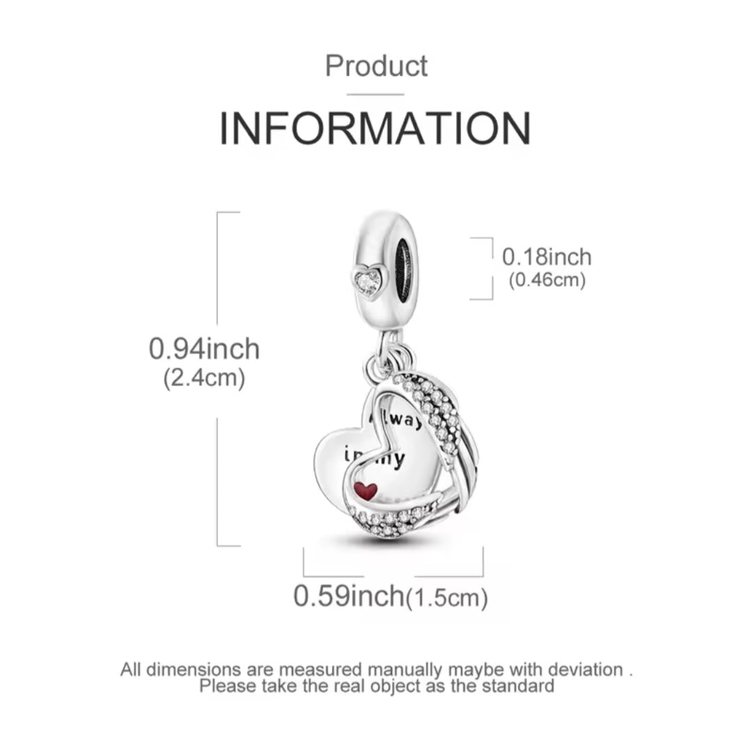 Silver heart dangle charm with angel wings and sparkling stones romantic love bead