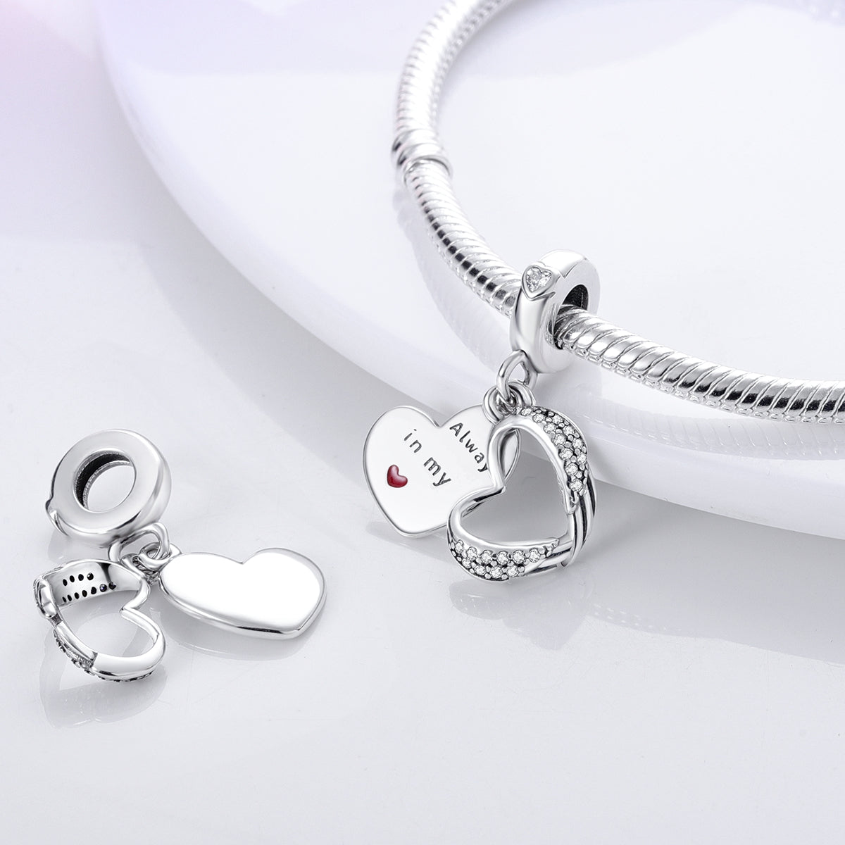 Silver heart dangle charm with angel wings and sparkling stones romantic love bead