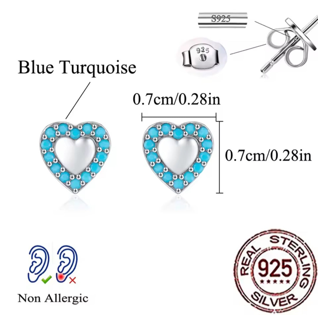 Silver heart stud earrings with turquoise stone detailing