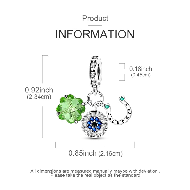 Sterling silver lucky charm with green crystal clover, evil eye pendant, and horseshoe detail