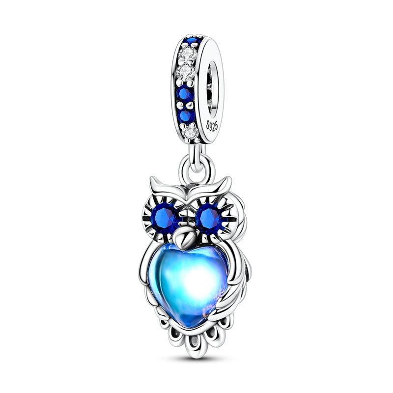 925 sterling silver owl charm with blue crystal eyes and glowing blue heart pendant