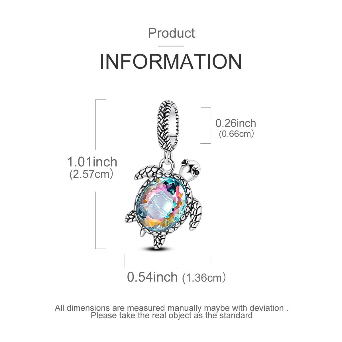Sterling silver sea turtle charm with colourful crystal shell pendant for bracelet