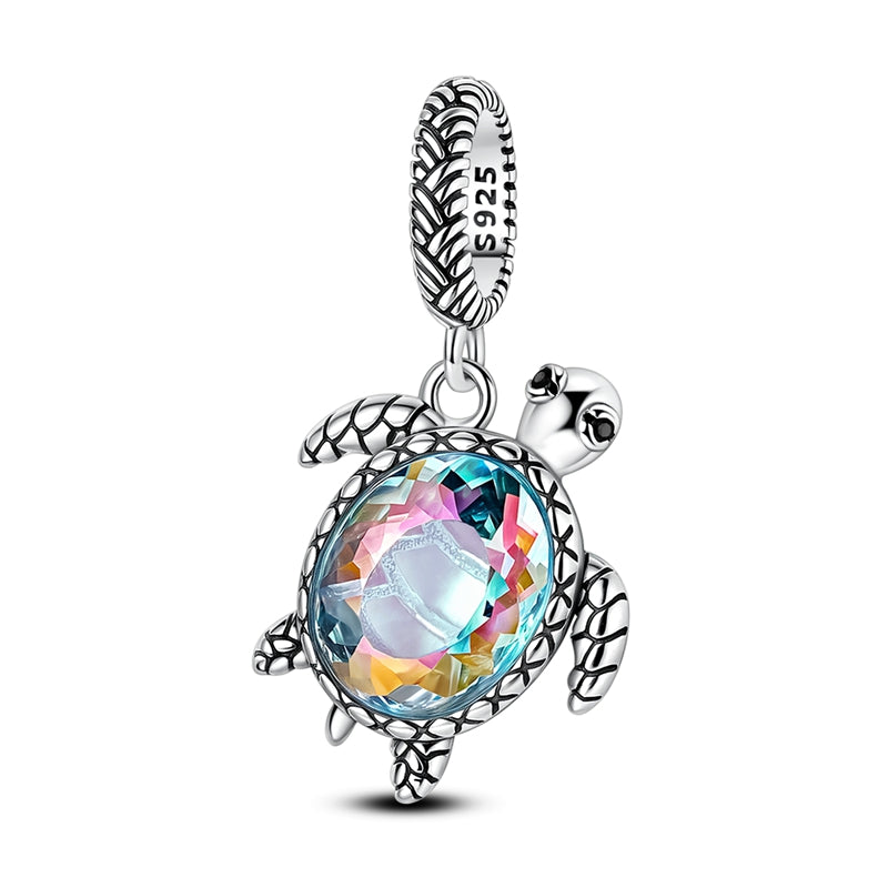 Sterling silver sea turtle charm with colourful crystal shell pendant for bracelet