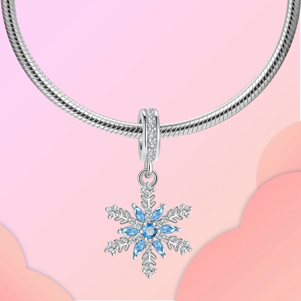 Sparkling snowflake dangle charm 925 sterling silver with blue and clear zirconia winter jewelry gift