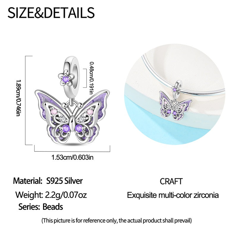 Sterling silver butterfly charm with purple and clear sparkling stones elegant jewelry pendant