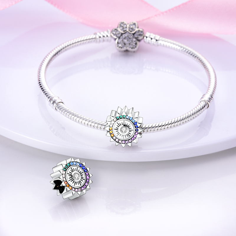 Sun multicoloured zirconia bead charm 925 sterling silver colorful celestial jewelry accessory gift