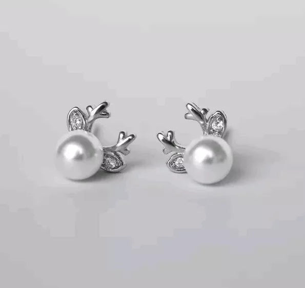 Zirconia & Pearl Reindeer Stud Earrings