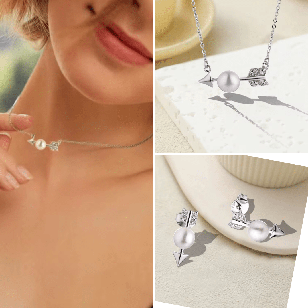 Arrow in Natural Pearl Earring & Necklace Set - bellissi
