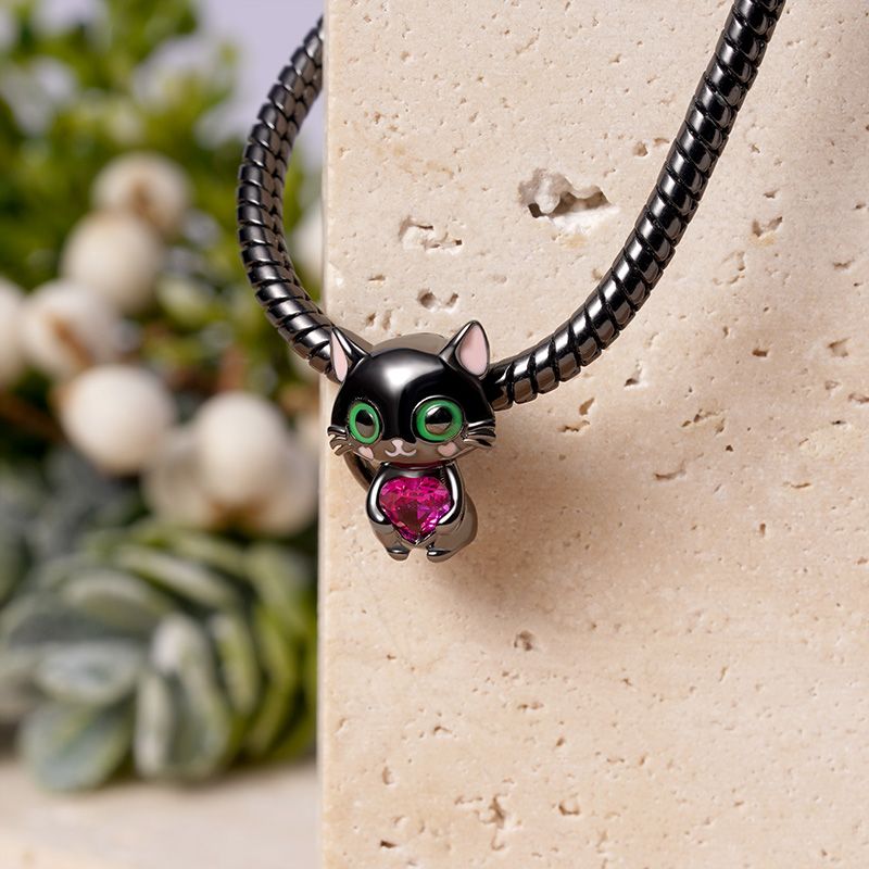 Black Cat With Pink Heart Charm - bellissi