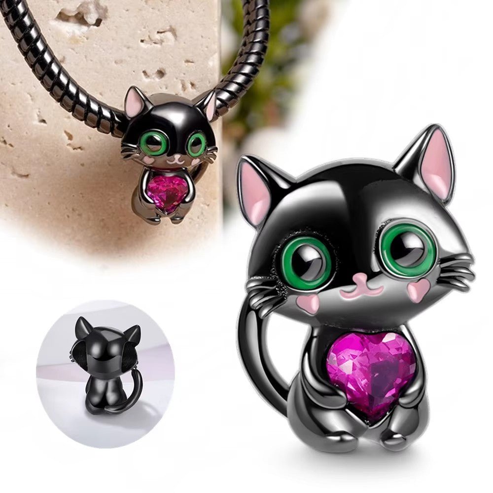 Black Cat With Pink Heart Charm - bellissi