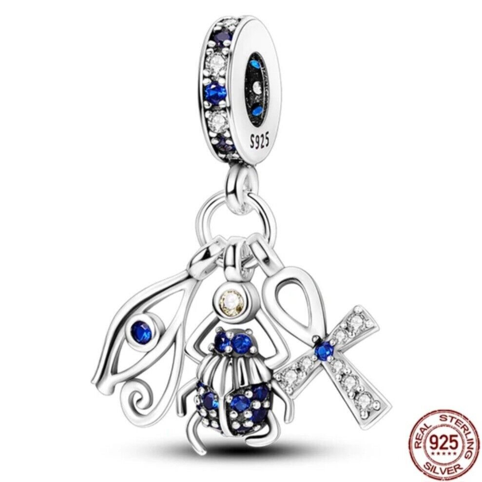 Blue Zircon Scarab Cross & Evil Eye Dangle Charm - bellissi