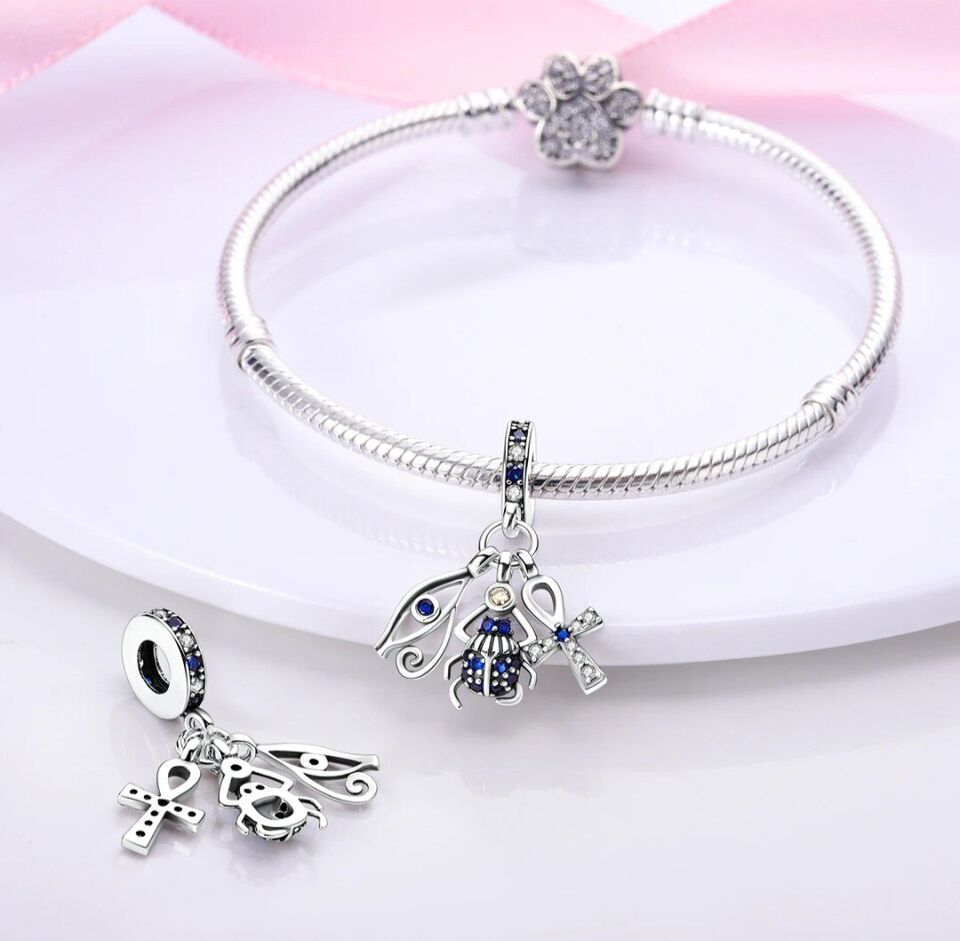 Blue Zircon Scarab Cross & Evil Eye Dangle Charm - bellissi