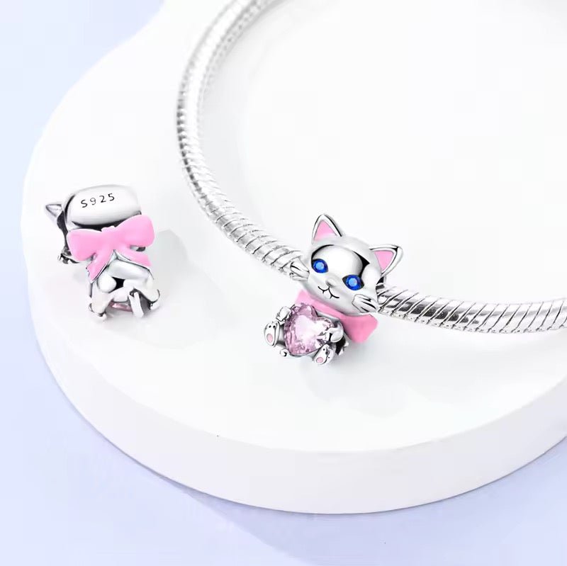 Cat With Bow & Pink Heart Charm - bellissi