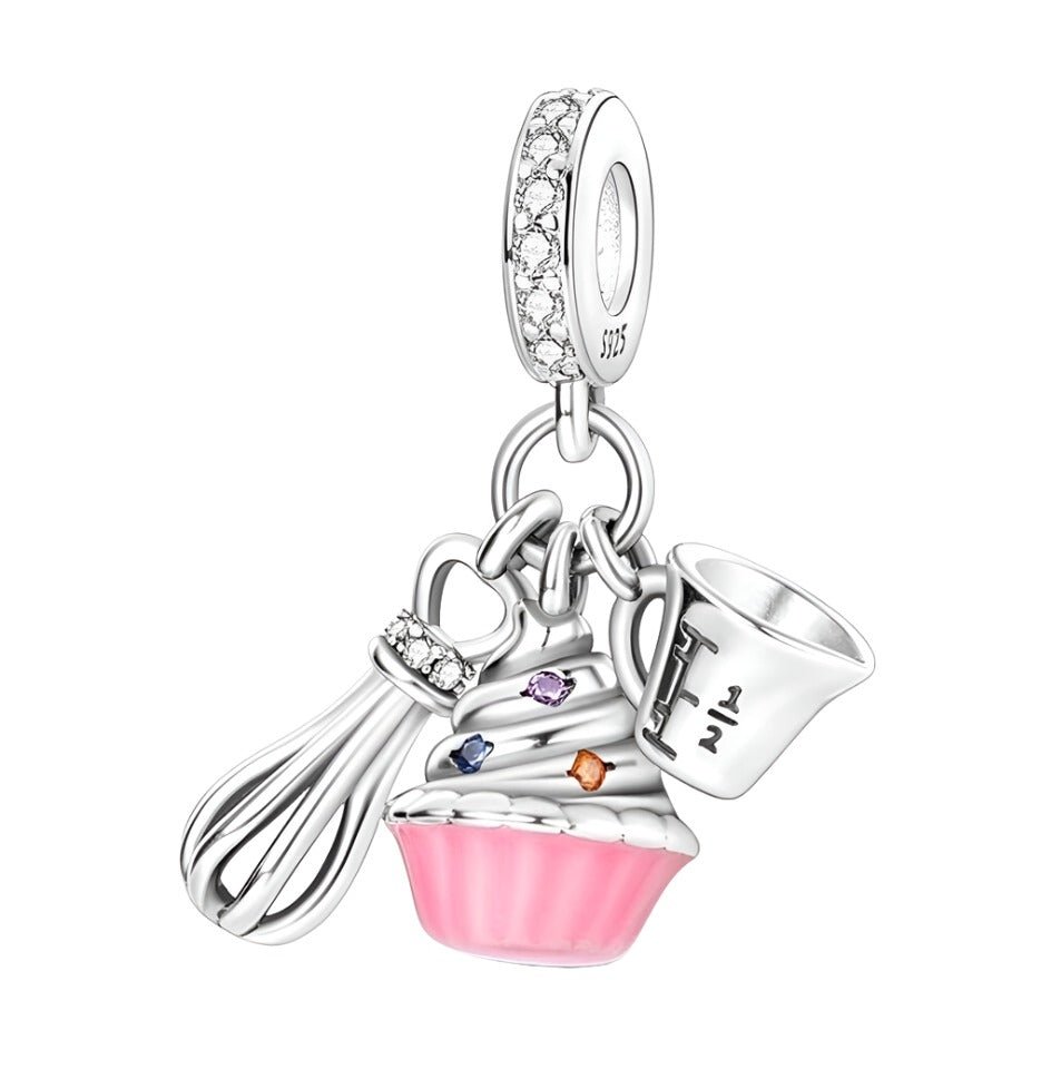 Silver cupcake muffin charm with colourful zirconia stones and dessert design for charm bracelet